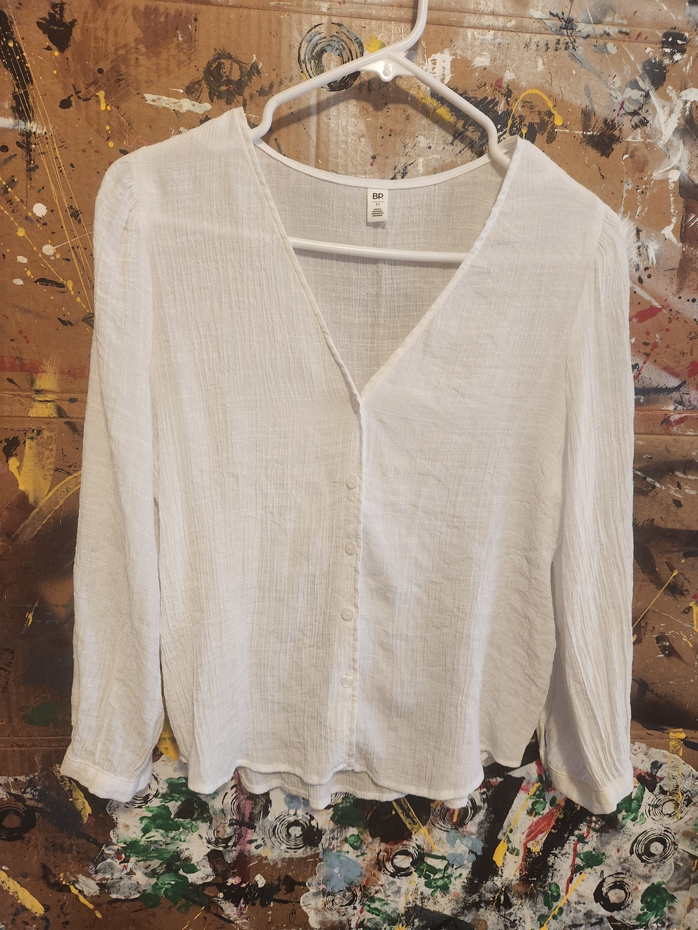 bp White Button-Front V-Neck Textured Blouse